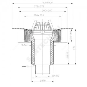 Воронка кровельная HL63.1H с вертикальным выпуском PP Дн 110 с листвоуловителем, электрообогревом, теплоизоляцией, гидроизоляционным полимербитумным полотном 500х500мм HL HL63.1H/1