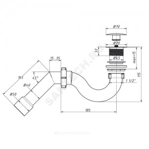Сифон для поддона трубный 1 1/2"x40 с переходной трубкой 45гр. 40/50 слив клапан "клик-клак" (грибок), пробка D=70мм Орио А-20587