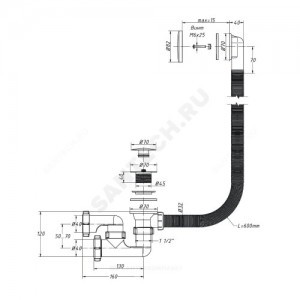 Слив-перелив для ванны регулируемый автоматический 1 1/2"x40 слив клапан "клик-клак" (грибок), пробка D=70мм Орио А-2608