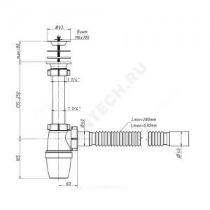 Сифон для умывальника бутылочный 1 1/4"x40 с гофрой 40х40 с удлиненным патрубком выпуск с нержавеющей решёткой D=63мм Орио А-32058