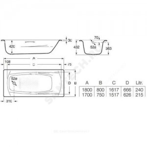 Ванна стальная Swing 180х80 с отверстиями для ручек без ножек Roca 2200E0000 Ванна стальная Swing 180х80 с отверстиями для ручек без ножек Roca 2200E0000
