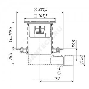 Трап регулируемый с механическим "сухим" затвором Дн 40/50 с нержавеющей решёткой 150х150мм горизонтальный выпуск Татполимер ТП-510.1Ms