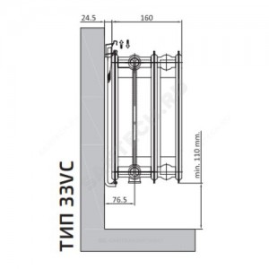 Радиатор стальной панельный Ventil Compact VC тип 33 300х1000 Qну=1947 Вт ниж/п в комплекте кронштейн. встроенный вентиль RAL 9016 (белый) Heaton Plus