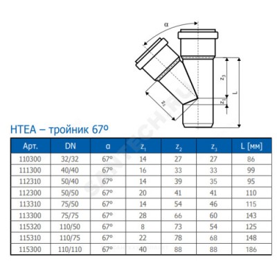 Тройник PP-H переходной серая HT HTEA Дн 110х75х67гр б/нап в/к Ostendorf 115310
