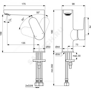 Смеситель для умывальника CERAFINE O ручка сбоку одноручный Ideal Standard BC555XG