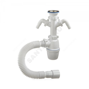 Сифон для кухонной мойки бутылочный 1 1/2"x40 с гофрой 40х40/50 с 2-мя отводами (штуцерами) выпуск с нержавеющей решёткой D=70мм Орио А-40069