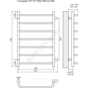 Полотенцесушитель водяной нерж сталь Лесенка Ду 25 (1") НР 283 Вт 500х796мм 7П боковое подключение Стандарт Терминус 4670030725332