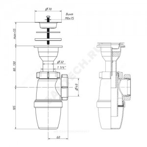 Сифон для умывальника/мойки бутылочный 1 1/2"x40 литой выпуск с нержавеющей решёткой D=70мм Орио А-3201