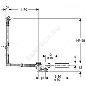 Слив-перелив для ванны плоский полуавтоматический (тросик) с переходной трубкой 45гр. 40/50 слив клапан с пробкой Geberit 150.525.21.1