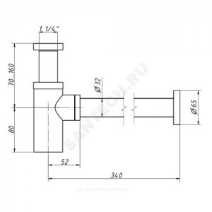Сифон для умывальника бутылочный латунь 1 1/4"x32 с прямой трубкой 32мм золото без выпуска Орио CG-404