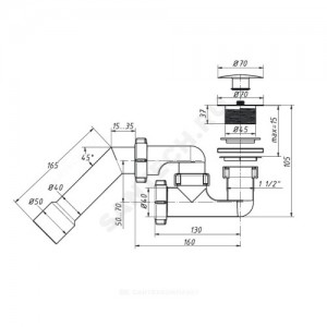 Сифон для поддона регулируемый 1 1/2"x40 с переходной трубкой 45гр. 40/50 слив клапан "клик-клак" (грибок), пробка D=70мм Орио А-25587
