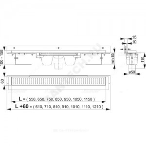 Лоток душевой с гидрозатвором Дн 50 без решетки 950х60 вертикальный выпуск Alca Plast APZ1004S-950