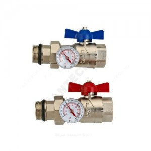 Комплект шаровых кранов латунь никель Ду 25 ВР/нак. гайка бабочка c термометром Wester 0-32-2105