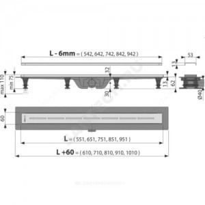 Лоток душевой с гидрозатвором+механический сухой затвор Дн 40 с нержавеющей решеткой 850х60 горизонтальный выпуск Alca Plast APZ18-850M