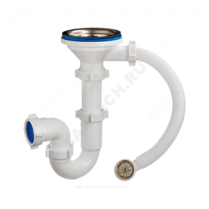 Сифон для кухонной мойки трубный с гибким переливом 3 1/2"x40 выпуск с нержавеющей решёткой D=114мм Орио S-5107