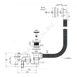 Слив-перелив для ванны регулируемый автоматический 1 1/2"x40 с гофрой 40х40/50 слив клапан "клик-клак", пробка D=45мм Орио А-25089