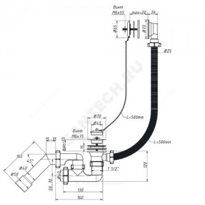 Слив-перелив для ванны регулируемый с пробкой на цепочке 1 1/2"x40 выпуск с нержавеющей решёткой D=70мм Орио А-8008