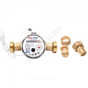 Счётчик г/в и х/в крыльчатый одноструйный Ду 20 Ру16 90С L=130мм резьба импульсный с обратным клапаном В/К ЭКО НОМ СВ20-004